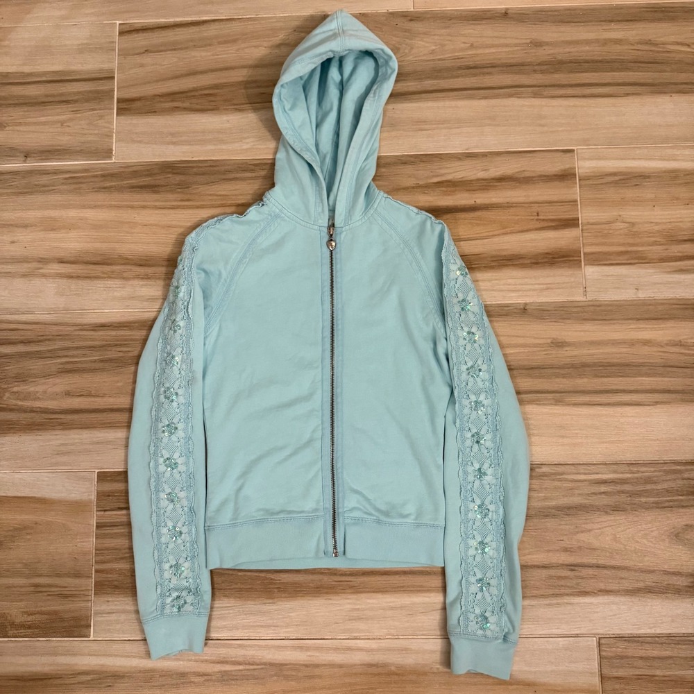 Twisted Heart Light Blue Lace Sequin Sleeve Zip Up Hoodie Y2K Cotton Jacket